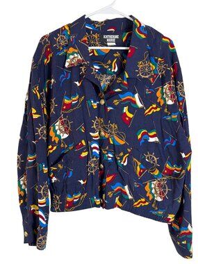 Vintage Spring Nautical Print Button-Up Shirt Size 14 Navy Katherine Marie
